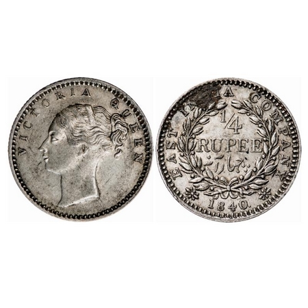 Victoria Queen, Silver, 1/4 Rupee, 1840, CL, Bombay Mint, B/I, English Head with modified 