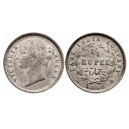 Victoria Queen, Silver, 1/4 Rupee, 1840, DL, Calcutta Mint. W.W. raised, Wreath with 10 Be