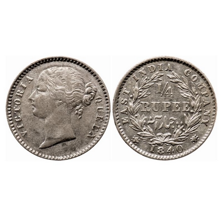 Victoria Queen, Silver, 1/4 Rupee, 1840, DL, Calcutta Mint, W.W. raised, 10 Berries (6L +