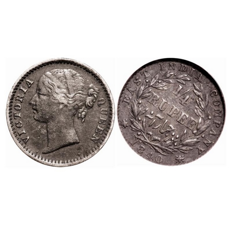 Victoria Queen, Silver, 1/4 Rupee, 1840, DL, Madras Mint, W.W. 'B' raised, 10 Berries (6L 