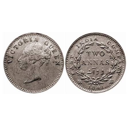 Victoria Queen, Silver, 2 Annas, 1841, CL, Calcutta Mint, A(a)/I, Plain edge, Curl of hair