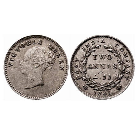 Victoria Queen, Silver, 2 Annas, 1841, CL, Calcutta Mint, A(a)/I, Plain edge, Curl of hair