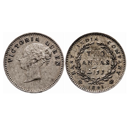 Victoria Queen, Silver, 2 Annas, 1841, CL, Calcutta Mint, A(a)/I, Plain edge, Curl of hair
