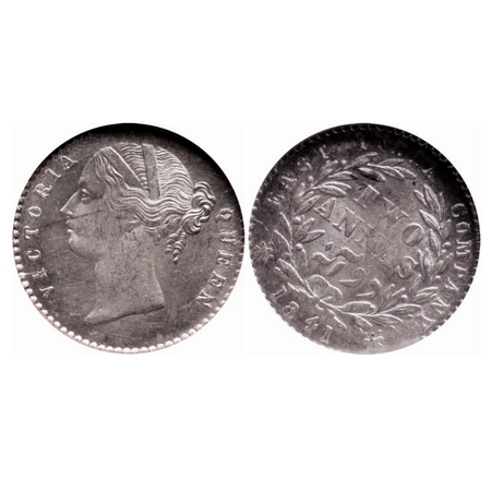 Victoria Queen, Silver, 2 Annas, 1841, DL, Calcutta Mint, W.W. raised, 9 berries (5L + 4R)