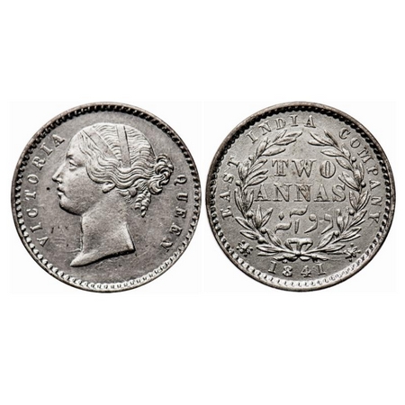Victoria Queen, Silver, 2 Annas, 1841, DL, Calcutta Mint, W.W. raised, 9 Berries (5L + 4R)