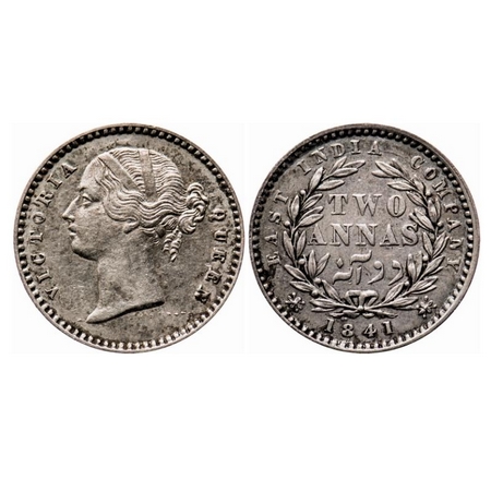 Victoria Queen, Silver, 2 Annas, 1841, DL, Calcutta Mint, W.W. Raised, 9 Berries (5L + 4R)