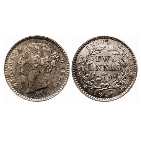 Victoria Queen, Silver, 2 Annas, 1841, DL, Calcutta Mint, W.W. raised, 9 Berries (5L + 4R)