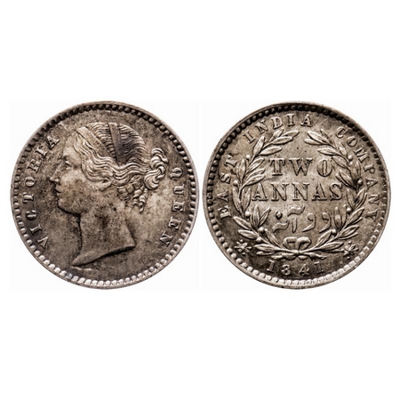 Victoria Queen, Silver, 2 Annas, 1841, DL, Calcutta Mint, W.W. raised, 9 Berries (5L + 4R)