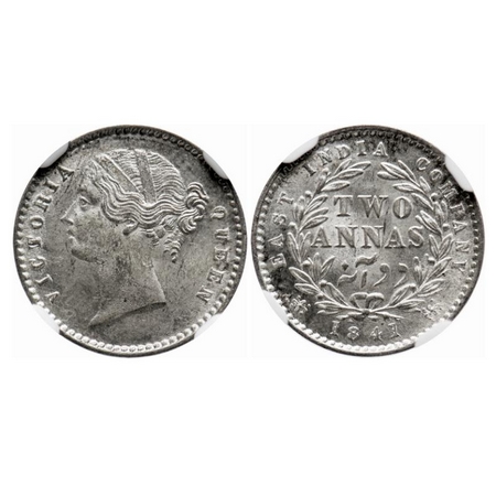 Victoria Queen, Silver, 2 Annas, 1841, DL, Calcutta Mint, W.W. Raised, Wreath with 9 berri