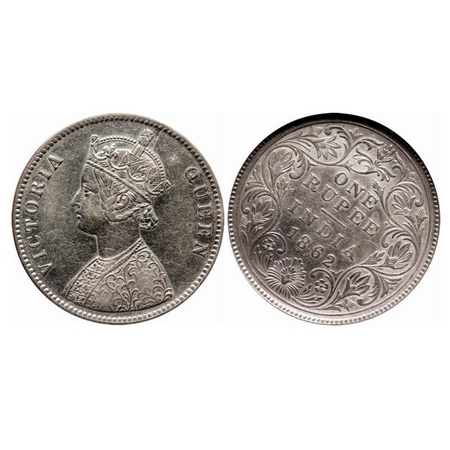 Victoria Queen, Silver, Rupee, 1862, Calcutta Mint, A/II(i)/0/0, Four Pineapple Type, Die 