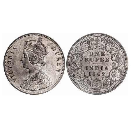 Victoria Queen, Silver, Rupee, 1862, Calcutta Mint, A/I, With initial 'J'. GK 255. Uncircu