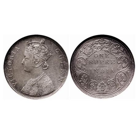 Victoria Queen, Silver, Rupee, 1862, Bombay Mint, B/II/2/0, Ghost on Obv. GK 287. NGS Slab