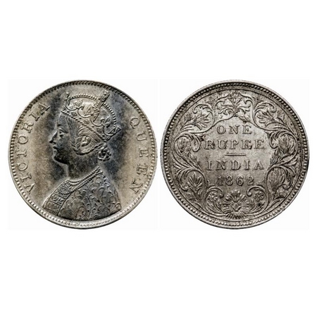 Victoria Queen, Silver, Rupee, 1862, Bombay Mint, B/II/2/0, Die doubling of 'Victoria'. GK