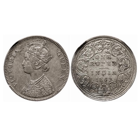 Victoria Queen, Silver, Rupee, 1862, Bombay Mint, A/II/0/4, Error, Reverse top side double