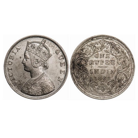 Victoria Queen, Silver, Rupee, 1862, Bombay Mint, B/II/0/4, 4 and 1/4 panels. The last 1/4