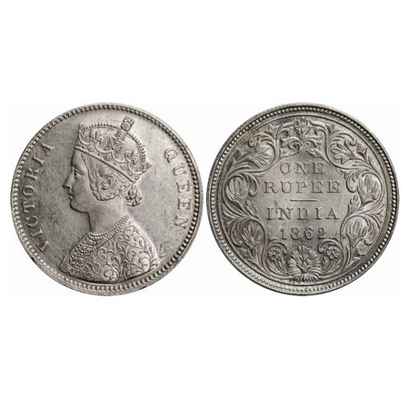 Victoria Queen, Silver, Rupee, 1862, Bombay Mint, A/II/0/5, Complete 'D' in India, w/o ini