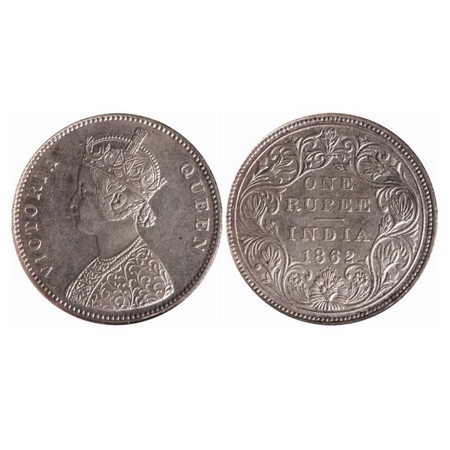 Victoria Queen, Silver, Rupee, 1862, Bombay Mint, A/II/0/6, Complete 'D' in India, w/o ini