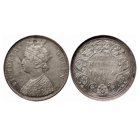 Victoria Queen, Silver, Rupee, 1862, Bombay Mint, A/II/0/6, Ghost on Obv and Rev, Alphabet