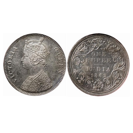 Victoria Queen, Silver, Rupee, 1862, Bombay Mint, A/II/0/7, w/o initial 'J'. GK 329. NGS S