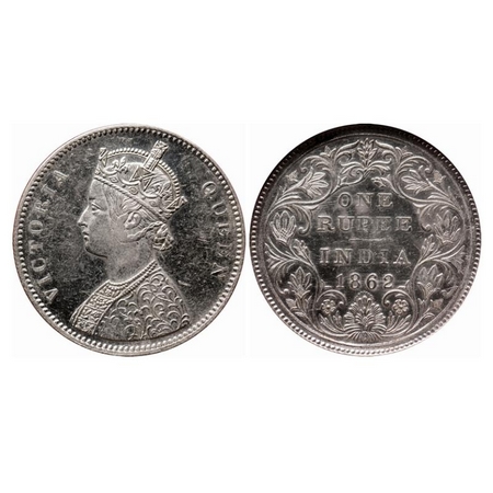 Victoria Queen, Silver, Rupee, 1862, Bombay Mint, A/II/0/10, w/o initial 'J'. GK 338. NGS 