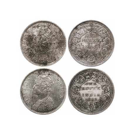 Victoria Queen, Silver, Rupee (2 Coins), 1862, Bombay Mint, 1) A/II/1/2, With initial 'J',