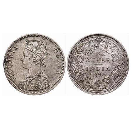 Victoria Queen, Silver, Rupee, 1874, Bombay Mint, C1/II, No dot, Die doubling of year date