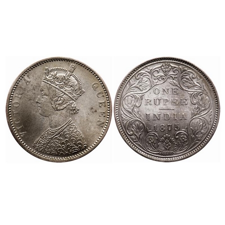 Victoria Queen, Silver, Rupee, 1875, Bombay Mint, A2/II/Dot, Top stroke of numeral 5 long.