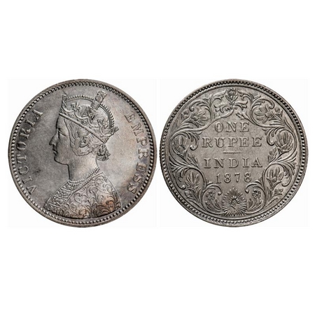 Victoria Empress, Silver, Rupee, 1878, Bombay Mint, A3/II(i), Dot, Queen's jabot has 3 & 3
