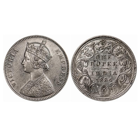 Victoria Empress, Silver, Rupee, 1884, Bombay Mint, A3/II(i), 'B' raised (bottom). GK 487.