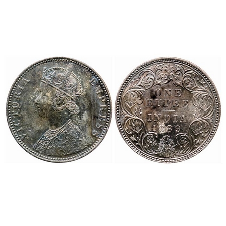 Victoria Empress, Silver, Rupee, 1889, Bombay Mint, C2/I, 'B' incused, Rainbow Toned. GK 5