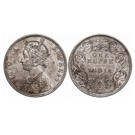 Victoria Empress, Silver, Rupee, 1890, C2/I, 'B' incused, Ghost on Rev. GK 566. Almost Unc