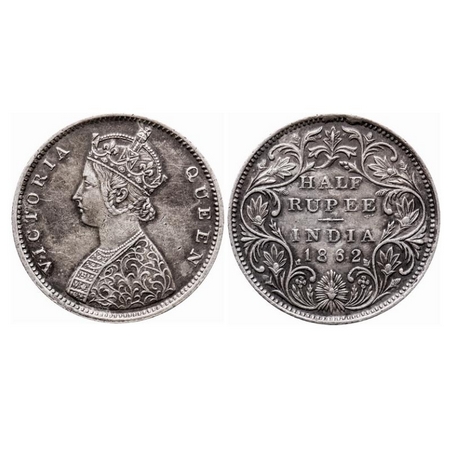 Victoria Queen, Silver, Half Rupee, 1862, Bombay Mint, B1/II. GK 371. Extremely Fine, Deta