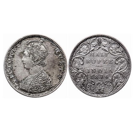 Victoria Queen, Silver, Half Rupee, 1876, Bombay Mint, B2/II, Dot, Queen's jabot has 4 1/4