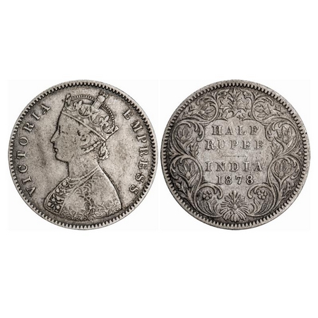 Victoria Empress, Silver, Half Rupee, 1878, Calcutta Mint, A/I, No mint mark. GK 612. Abou