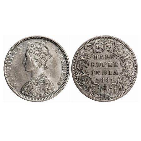 Victoria Empress, Silver, Half Rupee, 1881, Bombay Mint, B2/II(i), Dot, The bottom flower 