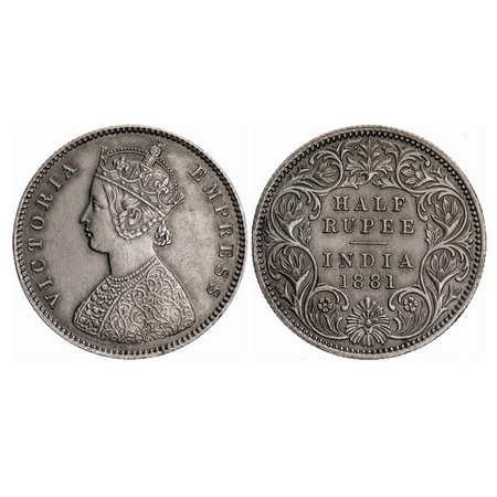 Victoria Empress, Silver, Half Rupee, 1881, Calcutta Mint, A/I, 'C' incused, Die doubling 