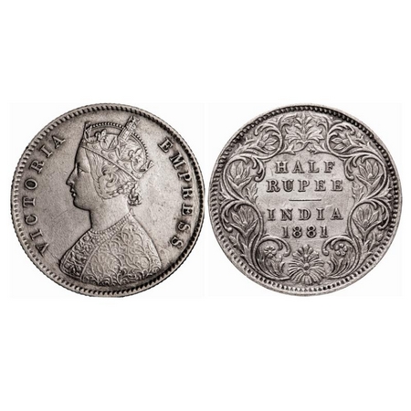 Victoria Empress, Silver, Half Rupee, 1881, Calcutta Mint, A/I, 'C' incused. GK 617. About