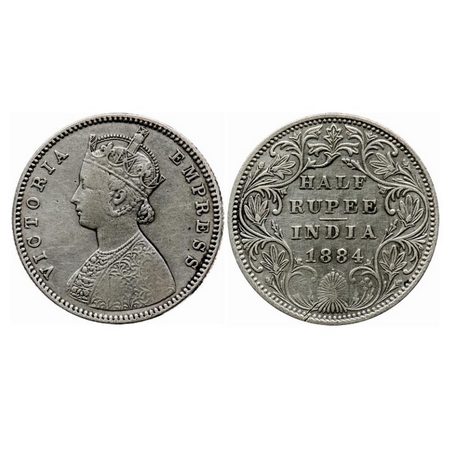 Victoria Empress, Silver, Half Rupee, 1884, Bombay Mint, A/II, Dot. GK 625. Very Fine, Cle