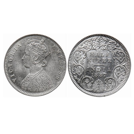 Victoria Empress, Silver, Half Rupee, 1887, Calcutta Mint, A/I, 'C' incused, Alphabate 'H'
