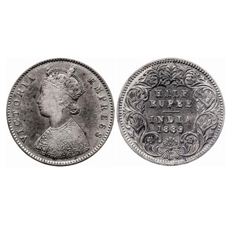 Victoria Empress, Silver, Half Rupee, 1889, Calcutta Mint, A/I, 'C' incused. GK 645. Very