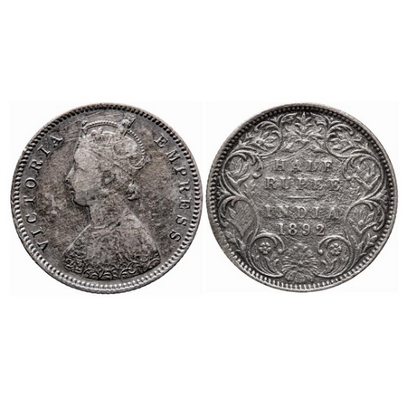 Victoria Empress, Silver, Half Rupee, 1892, Bombay Mint, A/I, 'B' incused. GK 646. Fine+, 