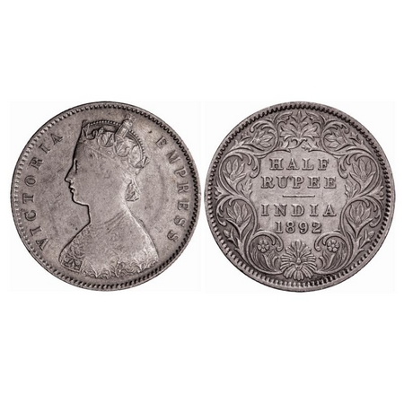 Victoria Empress, Silver, Half Rupee, 1892, Calcutta Mint, A/I, 'C' incused. GK 647. About