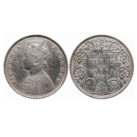 Victoria Empress, Silver, Half Rupee, 1893, Bombay Mint, A/I, 'B' incused. GK 648. Extreme