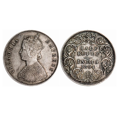 Victoria Empress, Silver, Half Rupee, 1894, Calcutta Mint, A/I, 'C' incused, Die crack on 