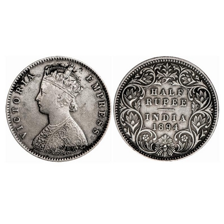 Victoria Empress, Silver, Half Rupee, 1894, Calcutta Mint, A/I, 'C' incused. GK 651. Very