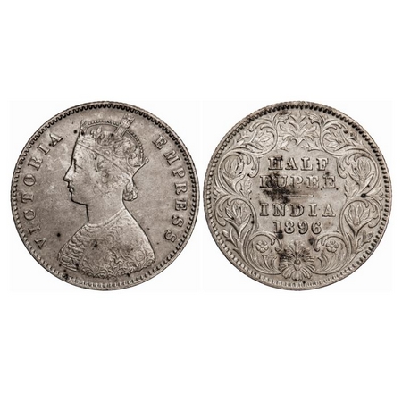 Victoria Empress, Silver, Half Rupee, 1896, Calcutta Mint, A/I, 'C' incused. GK 652. About