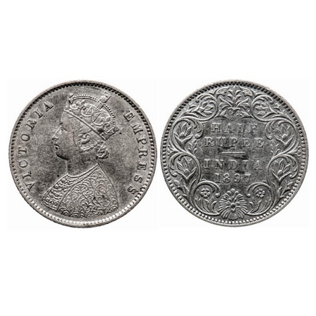 Victoria Empress, Silver, Half Rupee, 1897, Bombay Mint, A/I, 'B' incused. GK 655. Extreme