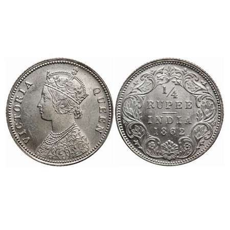 Victoria Queen, Silver, 1/4 Rupee, 1862, Calcutta Mint, A/I, Misaligned die on Obv, Ghost