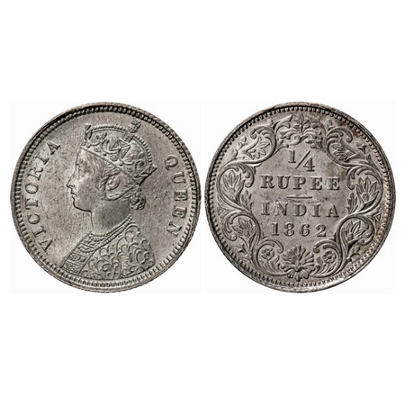 Victoria Queen, Silver, 1/4 Rupee, 1862, Calcutta Mint, A/I, Small 'V' inverted in the cen
