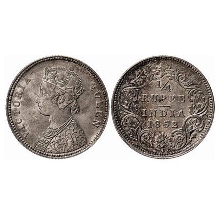 Victoria Queen, Silver, 1/4 Rupee, 1862, Calcutta Mint, A/I, Small 'V' inverted in the cen
